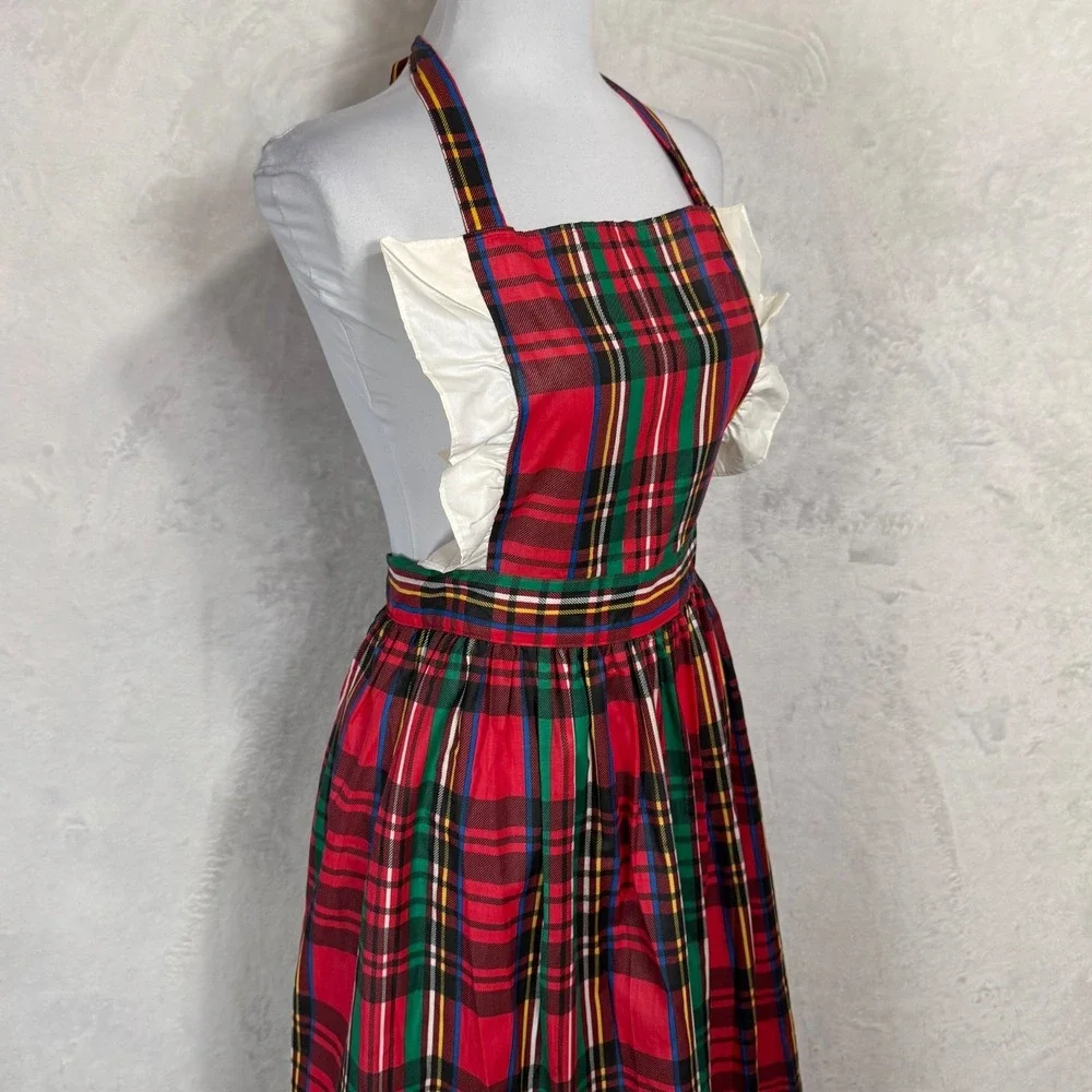 Vintage 70s Plaid Pinafore Apron Dress Ruffle Bib‎ Tie Back Lady One Size USA
